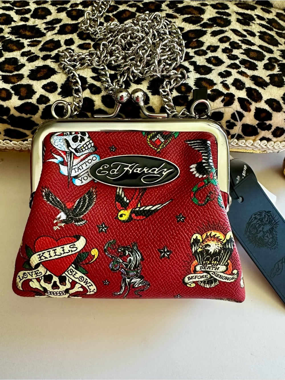 Ed Hardy Red Tattoo-Print Kiss-Lock Chain Clutch